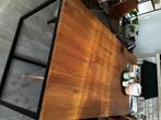 Eiken tafel + 6 stoelen industrieel / cognac, Comme neuf, 100 à 150 cm, Rectangulaire, 50 à 100 cm