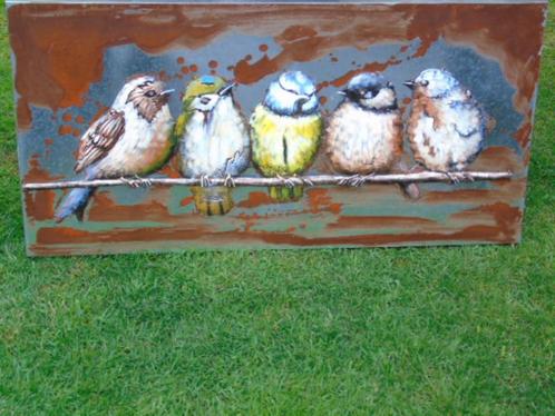 foto, metalen frame met reliëf, 5 vogels., Tuin en Terras, Tuinwanddecoratie, Nieuw, Ophalen of Verzenden