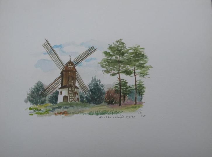 Aquarel L. Boschmans: Knokke Oude Molen, Antiek en Kunst, Kunst | Schilderijen | Klassiek, Ophalen of Verzenden