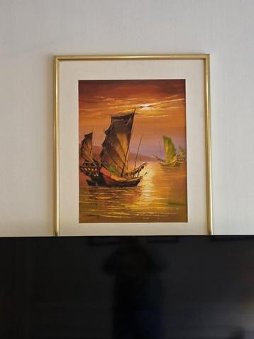Groot olieverfschilderij (gesigneerd) van een boot in het fr beschikbaar voor biedingen
