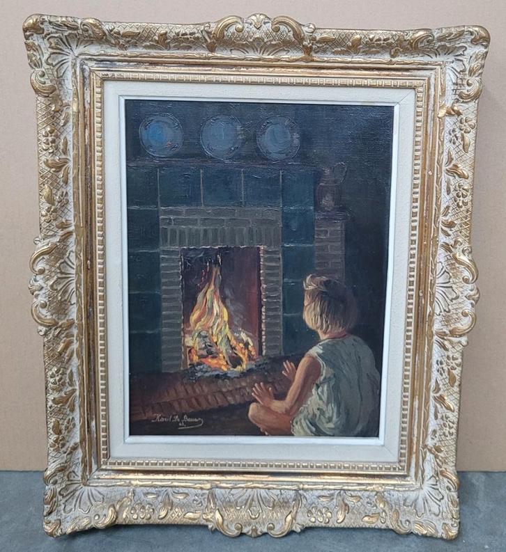 Karel DE BAUW, kindje bij de haard, Antiek en Kunst, Kunst | Schilderijen | Klassiek, Ophalen of Verzenden