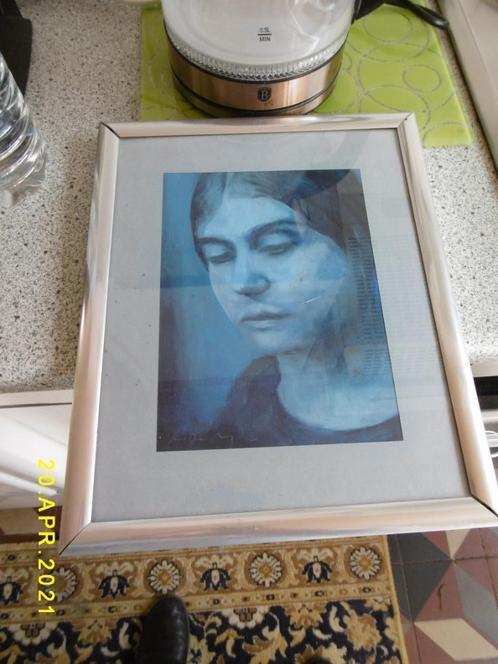 kader met tekening onleesbaar getekend, is print, Antiek en Kunst, Kunst | Tekeningen en Fotografie, Ophalen of Verzenden