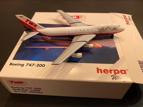 TWA Boeing 747-200 Herpa Vleugels 1/500, Verzamelen, Luchtvaart en Vliegtuigspotten, Zo goed als nieuw