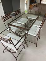 Table en fer forgé (2 x 1 m) + 6 chaises + 2 fauteuils, Maison & Meubles, Rectangulaire, Enlèvement, Utilisé, Verre