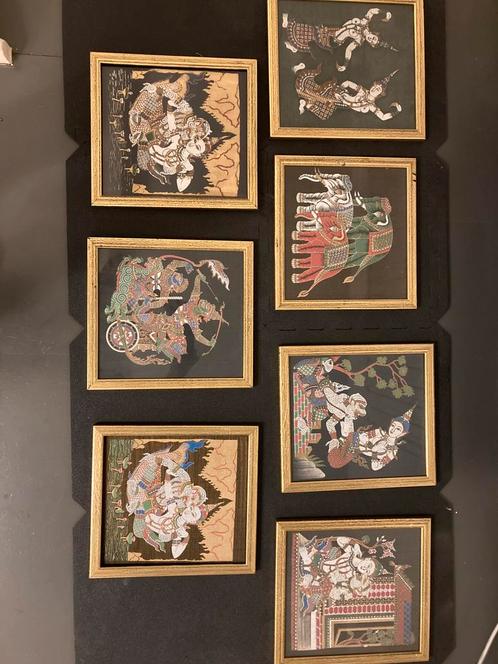 Set van 7 kaders met Aziatisch handgemaakt kunstwerken, Antiquités & Art, Art | Art non-occidental, Enlèvement ou Envoi