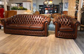 ORIGINEL CHESTERFIELD BANKSTEL 3 ZITS + CLUB FAUTEUIL SALON, Antiek en Kunst, Ophalen of Verzenden