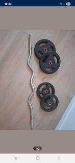 Curl halterstang met schijven 2x 10kg en 2x 5kg, Ophalen of Verzenden, Zo goed als nieuw