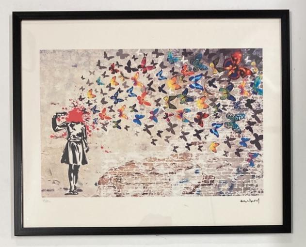 Banksy: lithografie 40 bij 50 cm. Ingelijst verkocht, Antiek en Kunst, Kunst | Litho's en Zeefdrukken, Ophalen of Verzenden