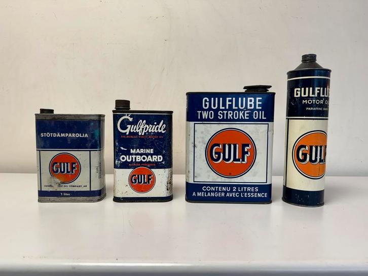 Anciens bidons d'huile Gulf, Collections, Marques & Objets publicitaires, Utilisé, Emballage, Enlèvement ou Envoi