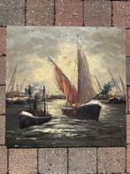 Schilderij van boten in haven, Antiek en Kunst, Ophalen