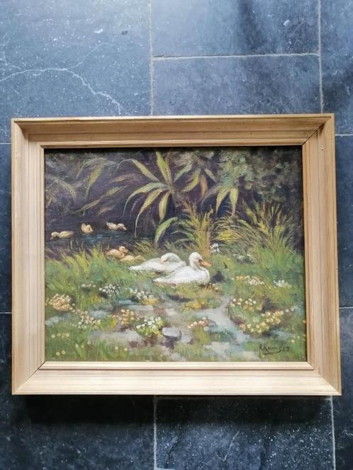 Paire de canards avec 5 poussins. Signé R. Chambres 1952, Antiquités & Art, Art | Peinture | Classique, Enlèvement