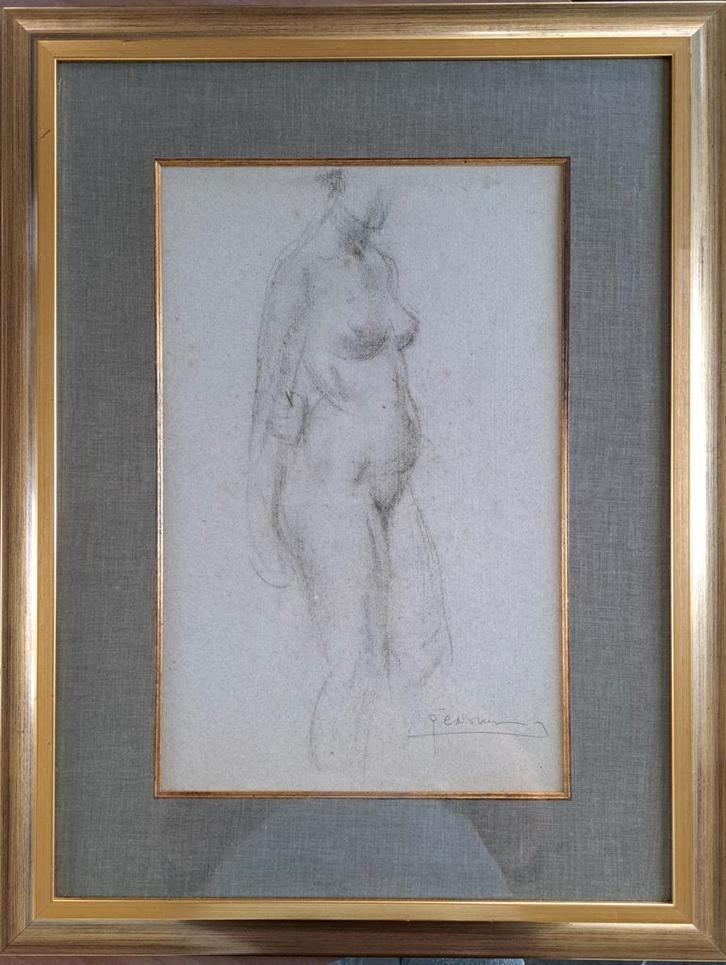 DE BRUYNE Gustaaf "Staand naakt " houtskool op grijs papier, Antiek en Kunst, Kunst | Tekeningen en Fotografie, Ophalen of Verzenden