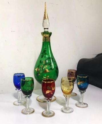 Kristal Glazen met Karaf Gekleurd Antiek ✨😍🍾💎💑🎁🤗👌 beschikbaar voor biedingen