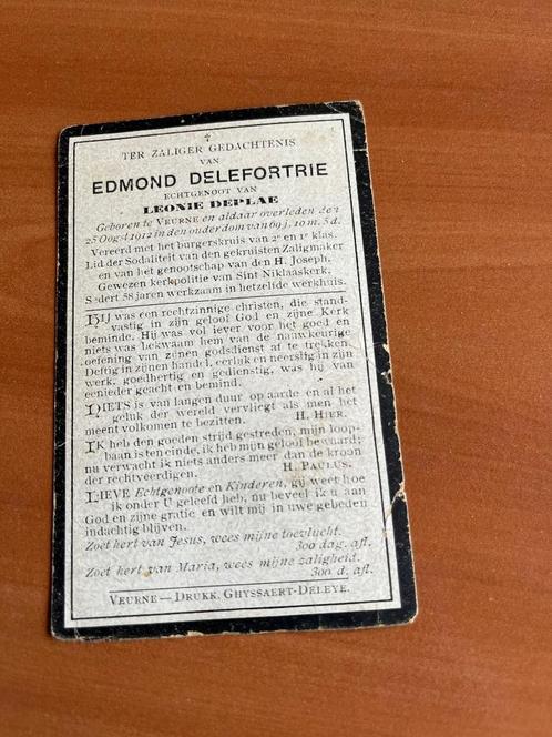 Rouwkaart E. Delefortrie  Veurne 1843 + 1912, Collections, Images pieuses & Faire-part, Carte de condoléances, Enlèvement ou Envoi