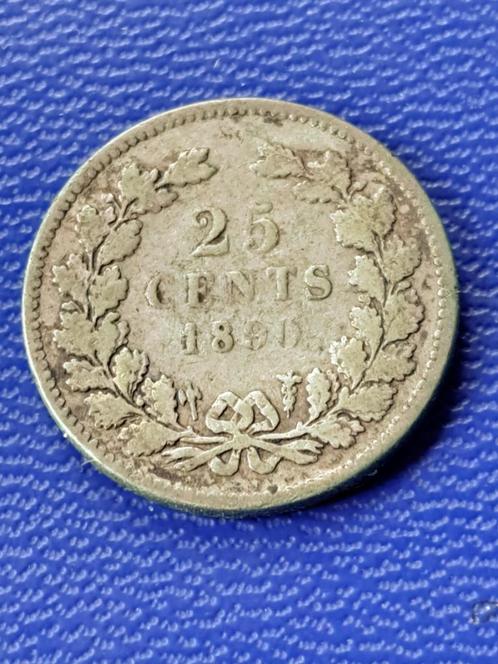 1890 Nederland 25 cent in zilver Willem III schaars, Postzegels en Munten, Munten | Nederland, Losse munt, 25 cent, Koning Willem III
