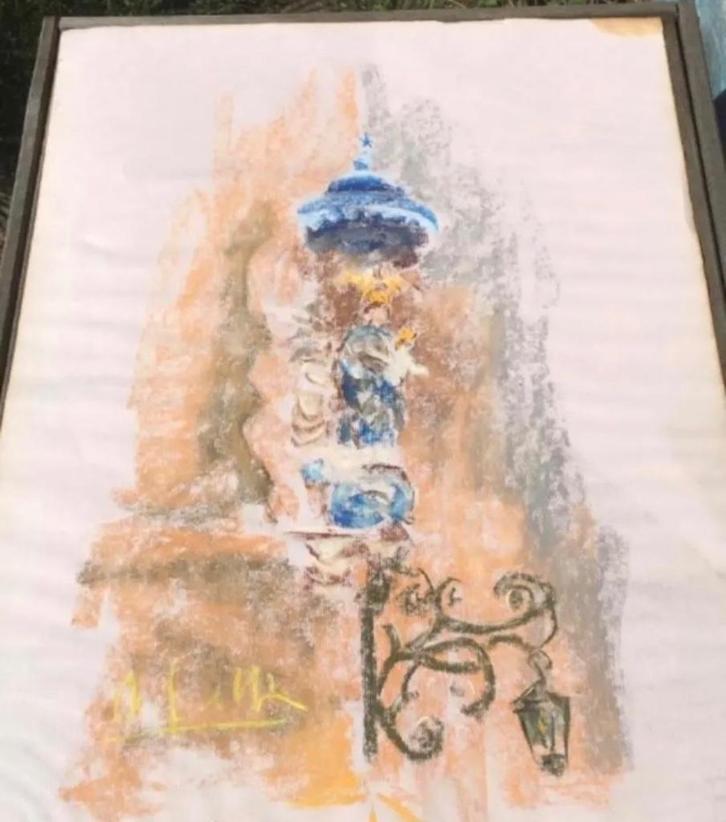 Vintage krijttekening van Maria beeld, Keizerstraat 5, A’pen, Antiek en Kunst, Kunst | Tekeningen en Fotografie, Ophalen of Verzenden