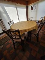 Houten eettafel met 4 stoelen (rotan met bekleding), Huis en Inrichting, Overige materialen, Rond, Zo goed als nieuw, Vijf personen of meer