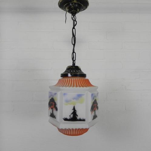 Art Deco hanglamp met glazen kap met natuur-taferelen, jaren, Antiquités & Art, Antiquités | Éclairage, Envoi