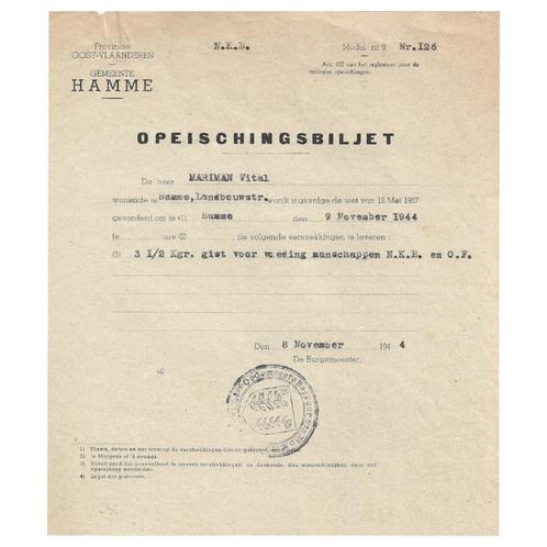 Verzet - opeischingsbiljet - 1944, Verzamelen, Militaria | Tweede Wereldoorlog, Overige soorten, Overige typen, Ophalen of Verzenden