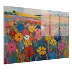 Champ de fleurs coloré Peinture sur verre 105x70cm + système, 100 à 125 cm, Envoi, Création originale, 50 à 75 cm
