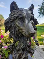 Bronzen wolvenkop op marmeren voet, Verzenden, Brons