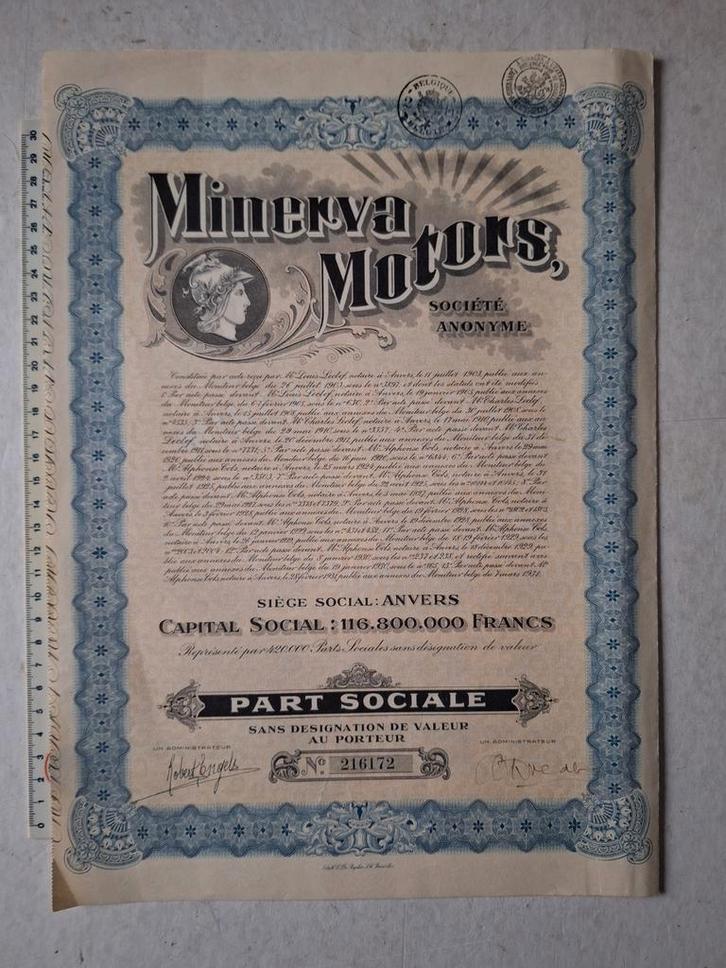 Origineel aandeel Minerva Motors uit 1931, Verzamelen, Automerken, Motoren en Formule 1, Gebruikt, Ophalen of Verzenden