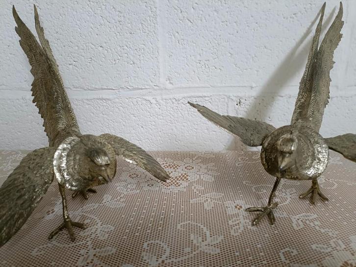 Verzilverde Bronzen Fazanten – Vintage Set uit ca. 1950, Antiek en Kunst, Antiek | Brons en Koper, Brons, Ophalen