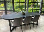 Eettafel mangohout zwart + 6 grijze fluwelen stoelen, Huis en Inrichting, Tafels | Eettafels, 200 cm of meer, 100 tot 150 cm, Metaal
