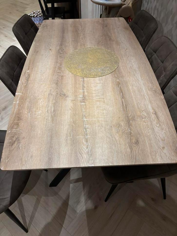 Eettafel houtlook + 6 stoelen, Maison & Meubles, Tables | Tables à manger, Comme neuf, Enlèvement