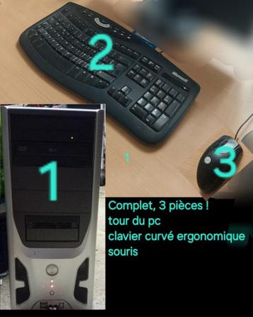 PC parfait 3 pièces: tour +clavier ergonomique curvé +souris, HDD, Avec carte vidéo, Virtual Reality, Enlèvement