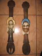 Houten lepel en vork met 2 hoofden man -55 cm H, Antiek en Kunst, Ophalen of Verzenden