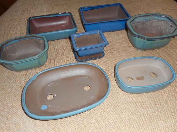 Lot de 7 pots bonsaï en céramique - bleu/turquoise, Jardin & Terrasse, Pots de fleurs, Utilisé, Poterie, Intérieur, Jardin, Moins de 40 cm