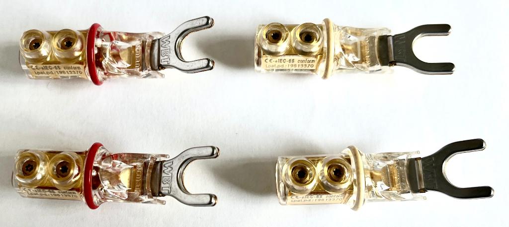 4 x WBT 0680 CU Spades, Ophalen of Verzenden, Gebruikt, Luidsprekerkabel