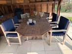 Zware teak tafel (6 personen)+ 6 stoelen en kussens., Tuin en Terras, Ophalen, Gebruikt, 6 zitplaatsen, Teakhout