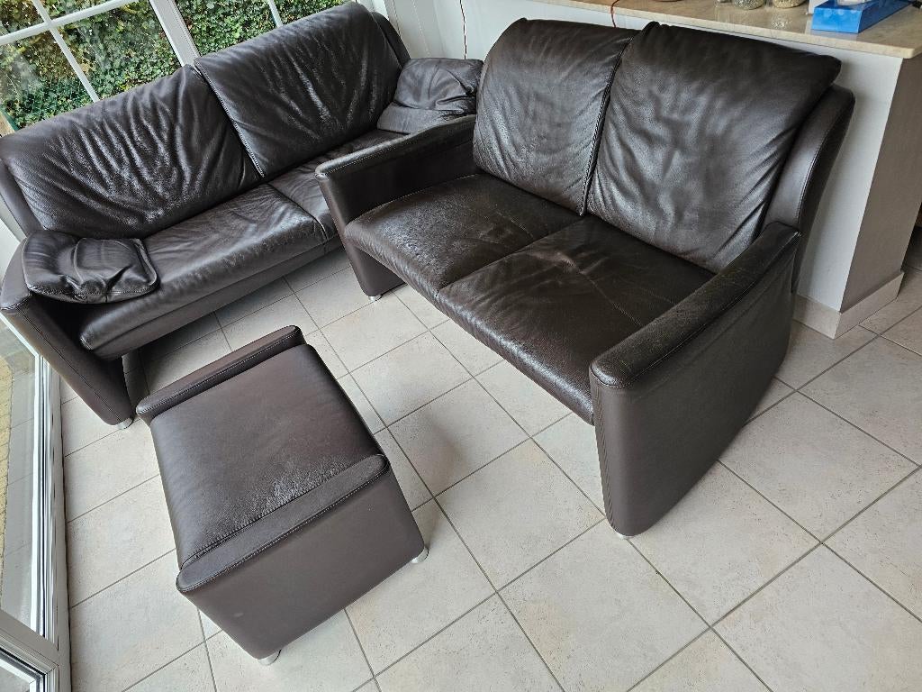 Leder donker bruin, Ophalen, Gebruikt, Driepersoons, Leer