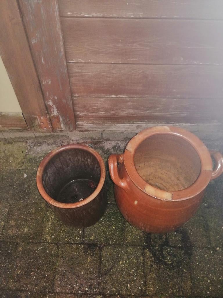 2stuks oude bewaar bloempotten, 3de is gratis, Tuin en Terras, Ophalen