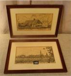 2 magnifiques vieux dessins à la plume 'Schuur en Antwerp', Enlèvement ou Envoi