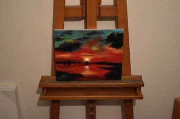 Schilderij met rode zonsondergang, gesigneerd Joky Kamo