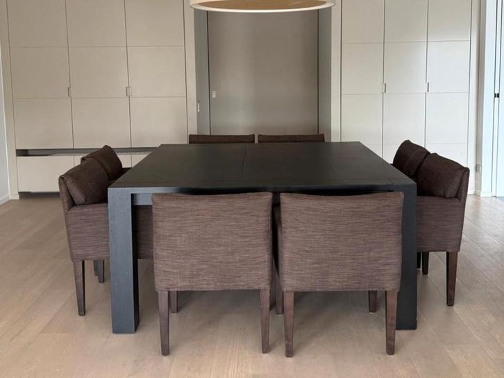 Massief eiken tafel (160x160) met 8 stoelen – donkerbruin, Huis en Inrichting, Tafels | Eettafels, Gebruikt, 150 tot 200 cm, 150 tot 200 cm