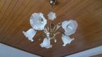 2 Kroonlusters met lampenkappen in glas, Huis en Inrichting, Lampen | Kroonluchters, Ophalen, Zo goed als nieuw, Glas
