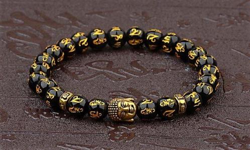 Mantra-kralen armband met goudkleurige Boeddha-kraal, Bijoux, Sacs & Beauté, Bracelets, Neuf, Élastique, Or, Enlèvement ou Envoi