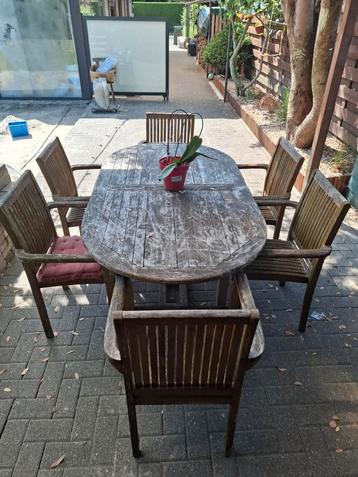 Teak Tuintafel 6stoelen, Salons de jardin, Utilisé, 6 places, Enlèvement