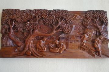 Vintage Indonesisch/ Bali handgesneden houten paneel 69 x 32 beschikbaar voor biedingen