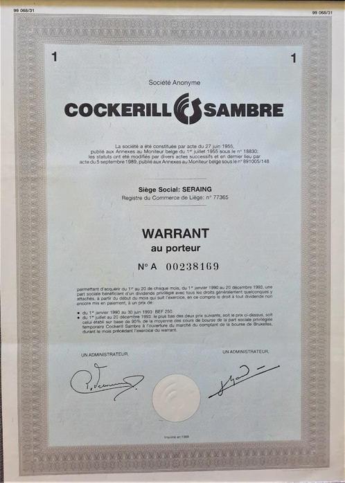 S.A. Cockerill Sambre - warrant- Seraing -1989, Postzegels en Munten, Aandelen en Waardepapieren, Aandeel, 1970 tot heden, Ophalen of Verzenden