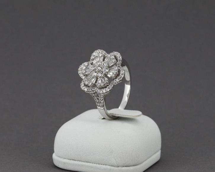 Bague diamants marguerite, or blanc 18K, 1.05ct + certificat, Handtassen en Accessoires, Ringen, Nieuw, Dame, 17 tot 18, Wit, Goud
