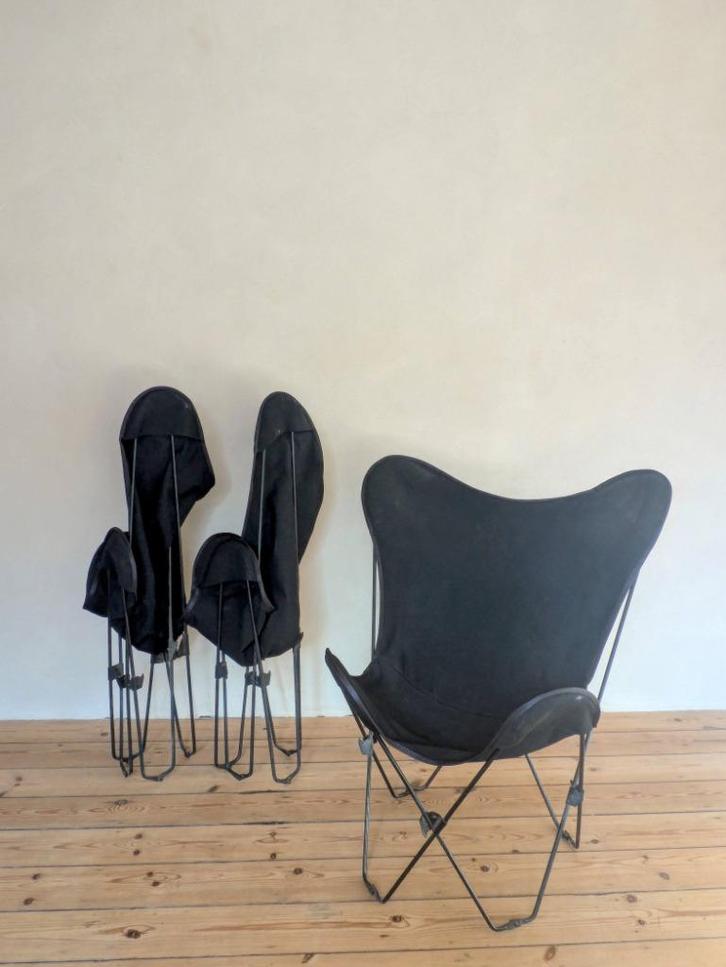 Stijlvolle Butterfly stoelen – Set van 3 – zwart canvas, Huis en Inrichting, Stoelen, Gebruikt, Drie, Metaal, Stof, Zwart, Ophalen