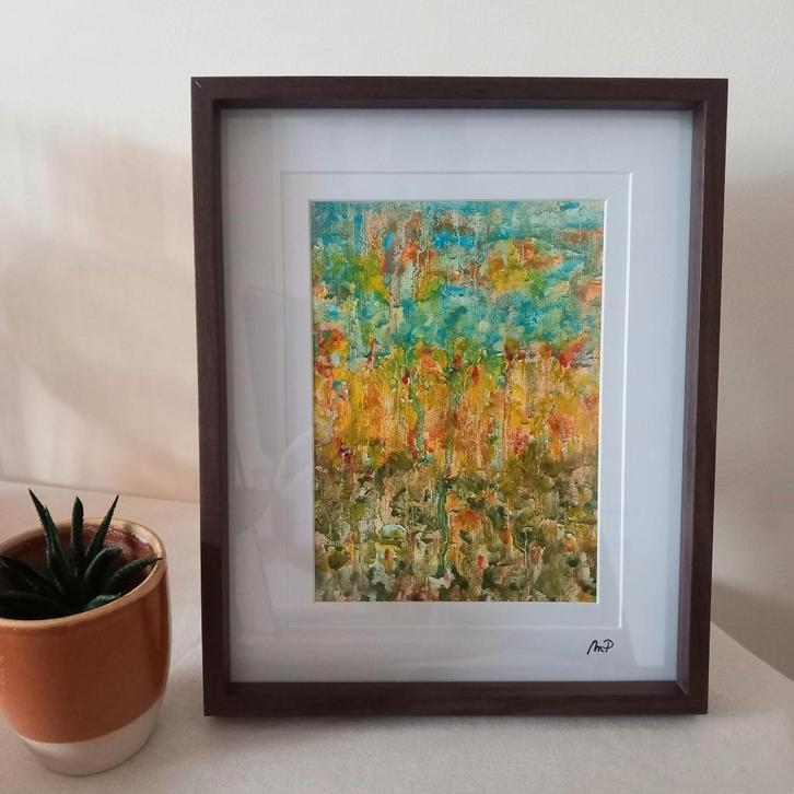 Schilderij in olieverf in kader van 21,5x26,5 cm, Antiek en Kunst, Kunst | Schilderijen | Abstract, Ophalen of Verzenden