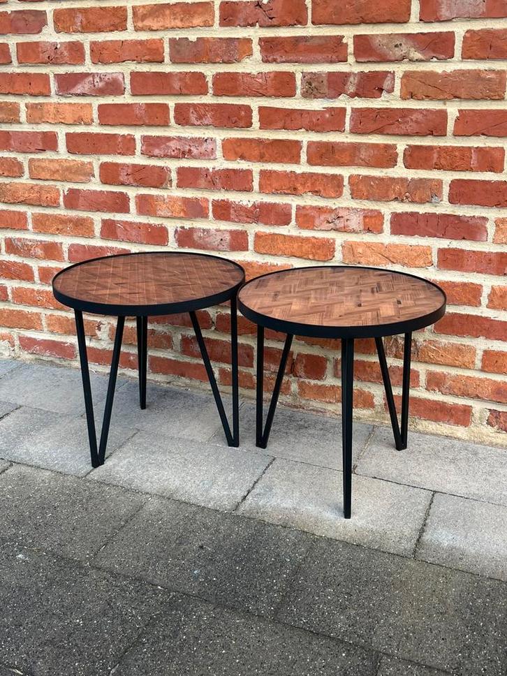 Set van 2 ronde bijzettafels – hout/metaal, Huis en Inrichting, Tafels | Bijzettafels, Zo goed als nieuw, Hout, Ophalen