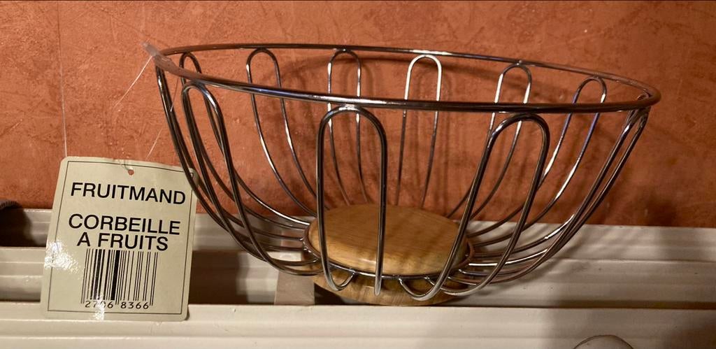Grote inox/houten fruitmand, Overige materialen, Schaal, Rond, Nieuw