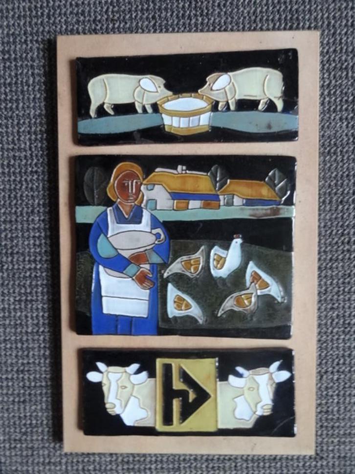 3 Tegels gemonteerd op hout. 35 x 22 cm. Op de boerderij, Antiek en Kunst, Kunst | Schilderijen | Modern, Verzenden